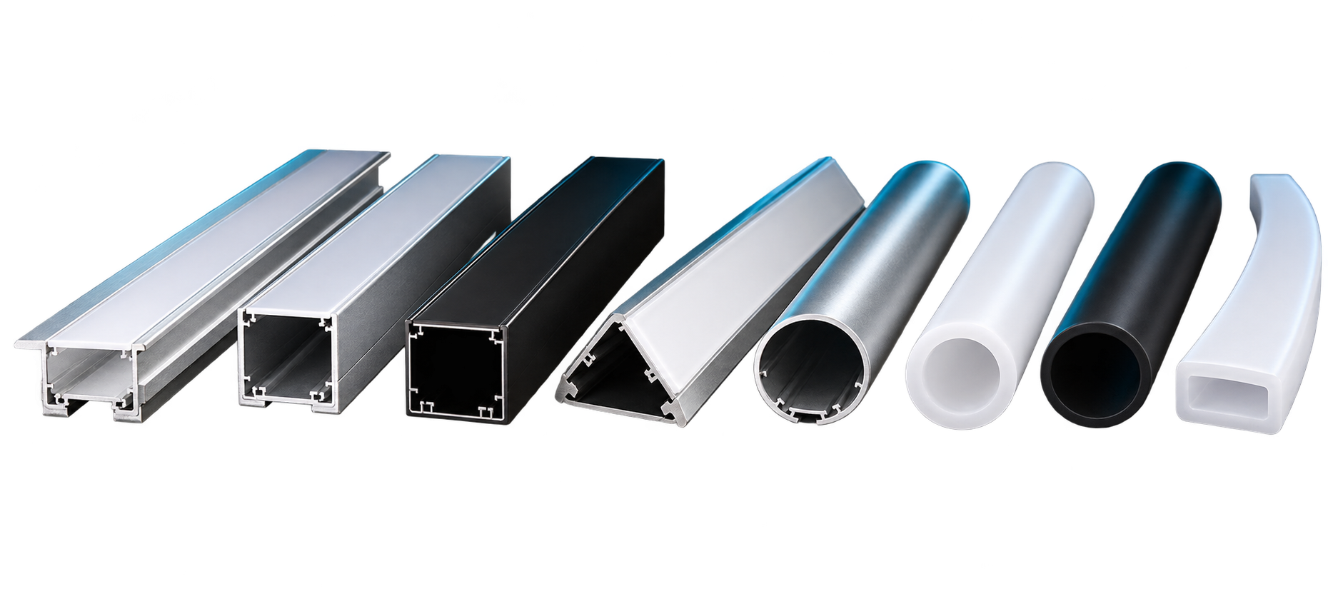 Recessed, square, black, angled and round aluminum extrusions with white and black flexible diffusion profiles