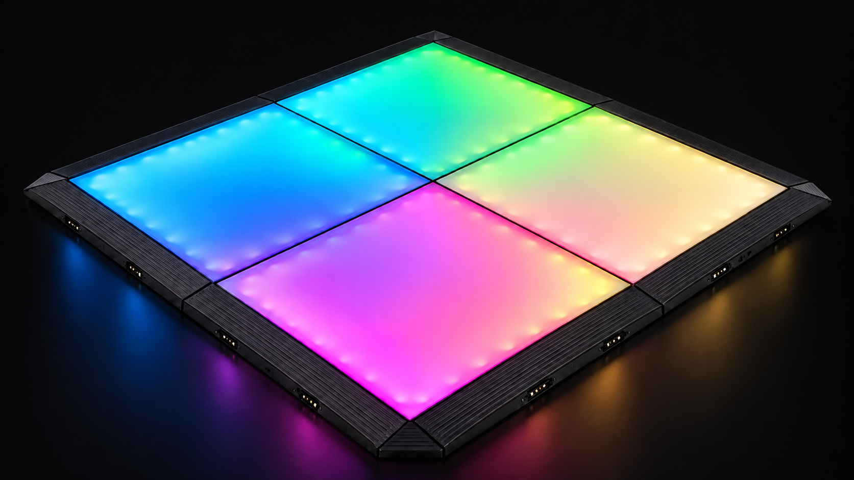 Four colour-mixed modular floor panels connected in a two-by-two layout with magnetic edge ramps